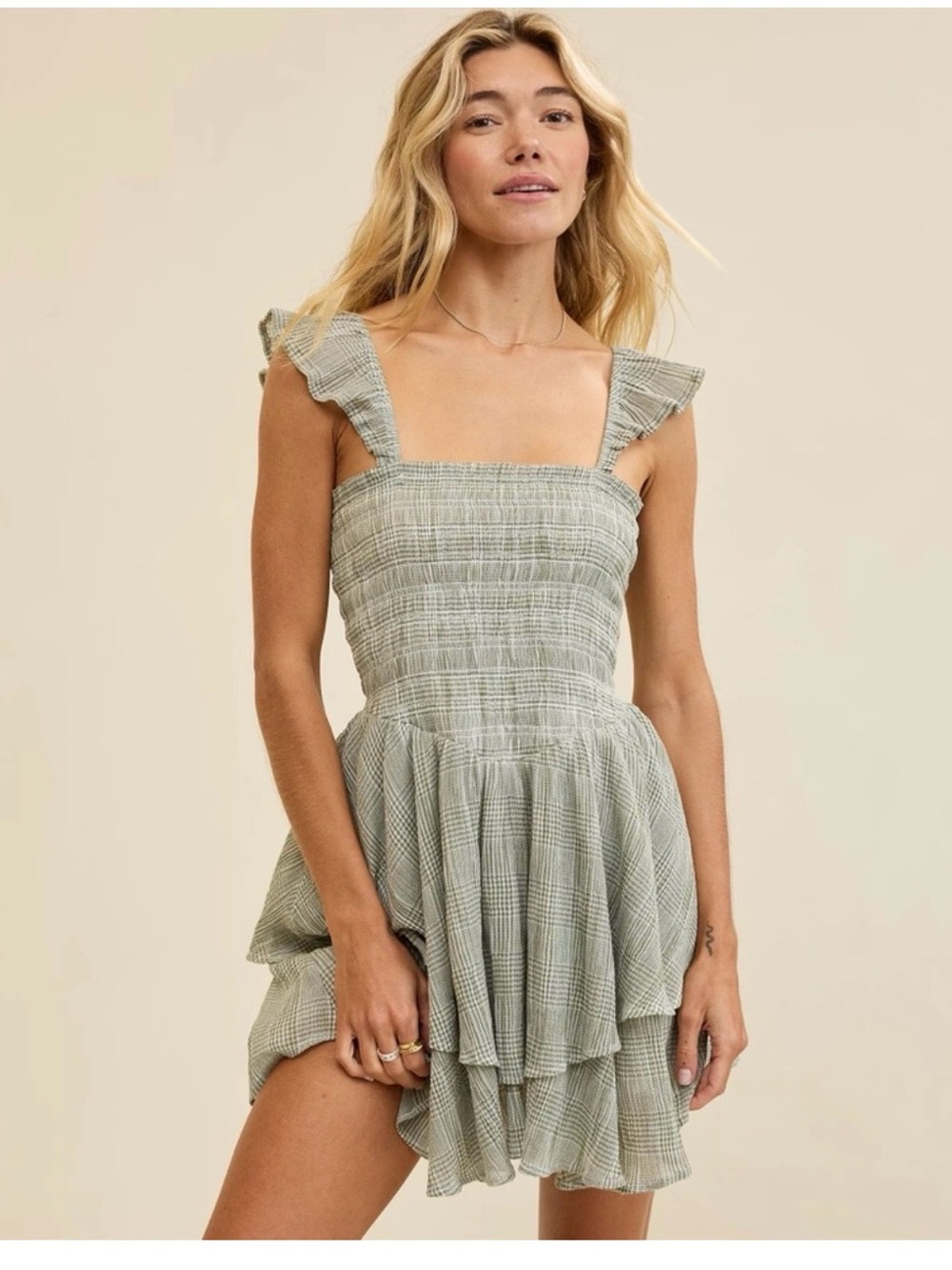 aerie Light Sage Plaid Smocked Ruffle Mini Dress